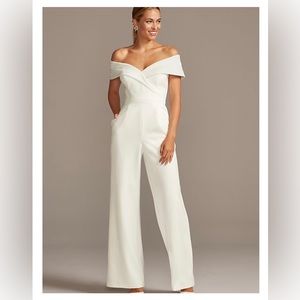 David’s Bridal Cuffed Off-the-shoulder Stretch Crepe Jumpsuit
